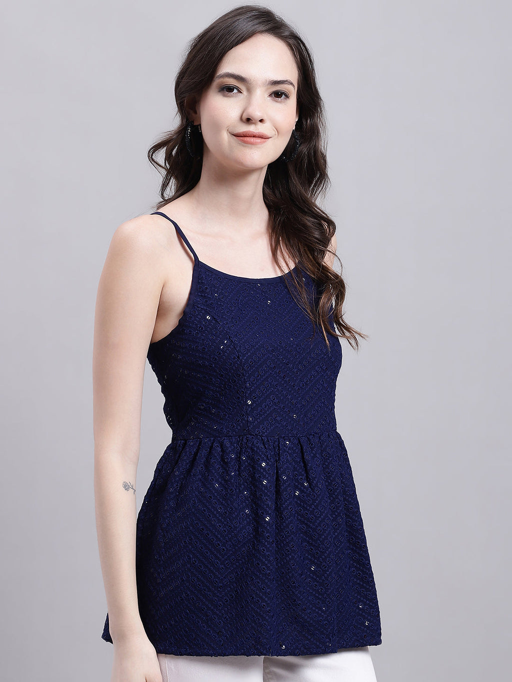 Jainish Women's WoNavy Blue Chikankari Sequen Work Empire Top | Grocsy