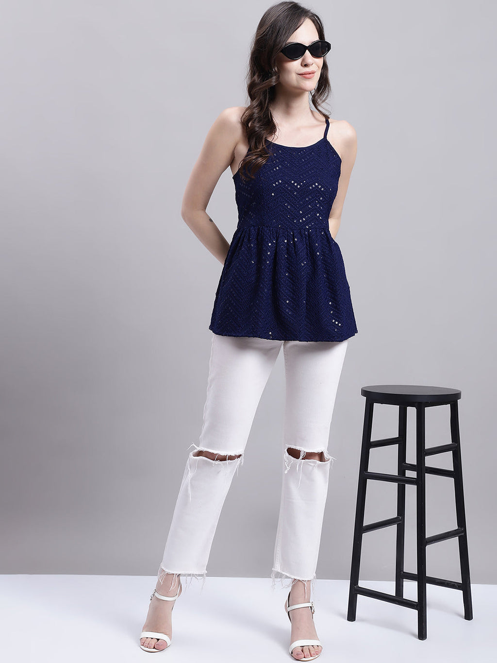 Jainish Women's WoNavy Blue Chikankari Sequen Work Empire Top | Grocsy