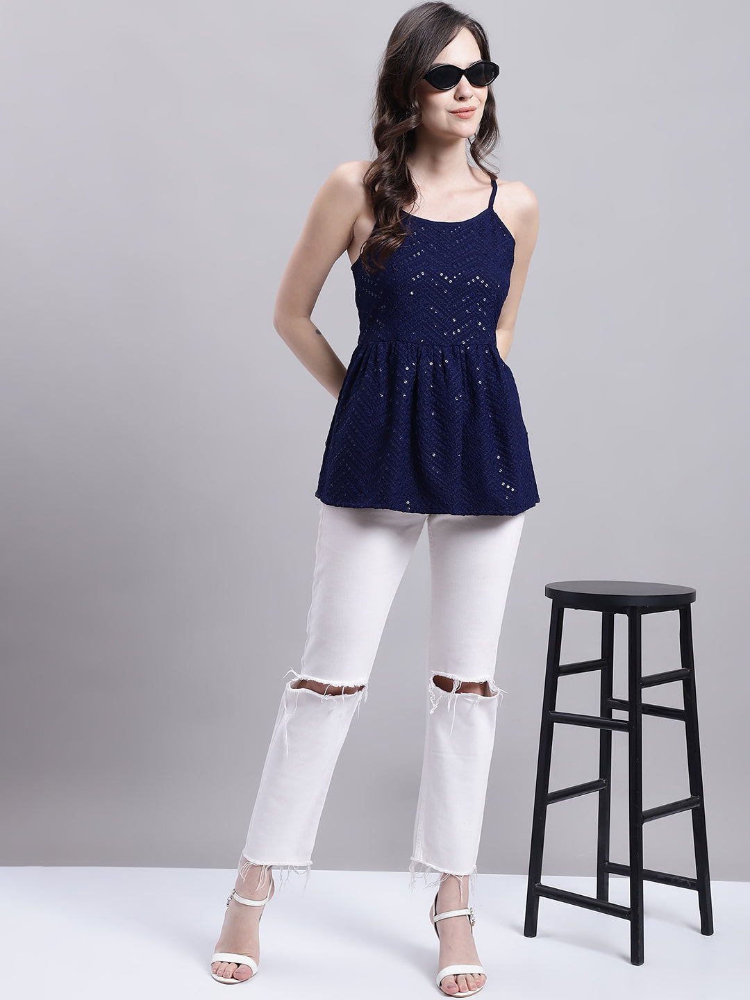 Jainish Women's WoNavy Blue Chikankari Sequen Work Empire Top | Grocsy