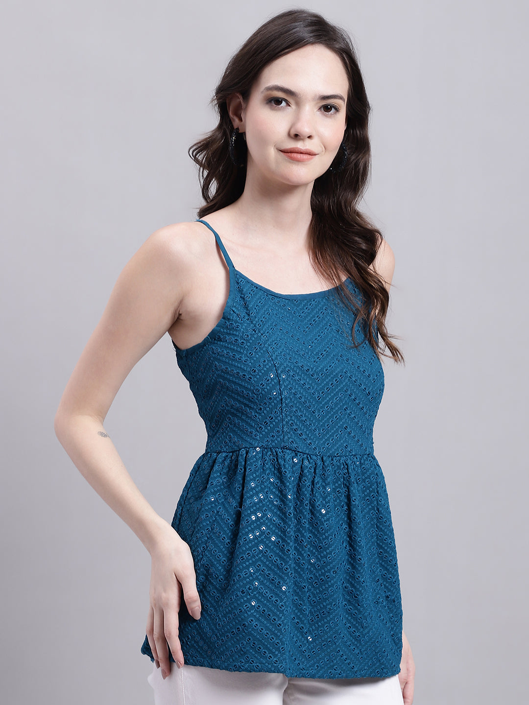 Jainish Women's WoPeacock Blue Chikankari Sequen Work Empire Top | Grocsy