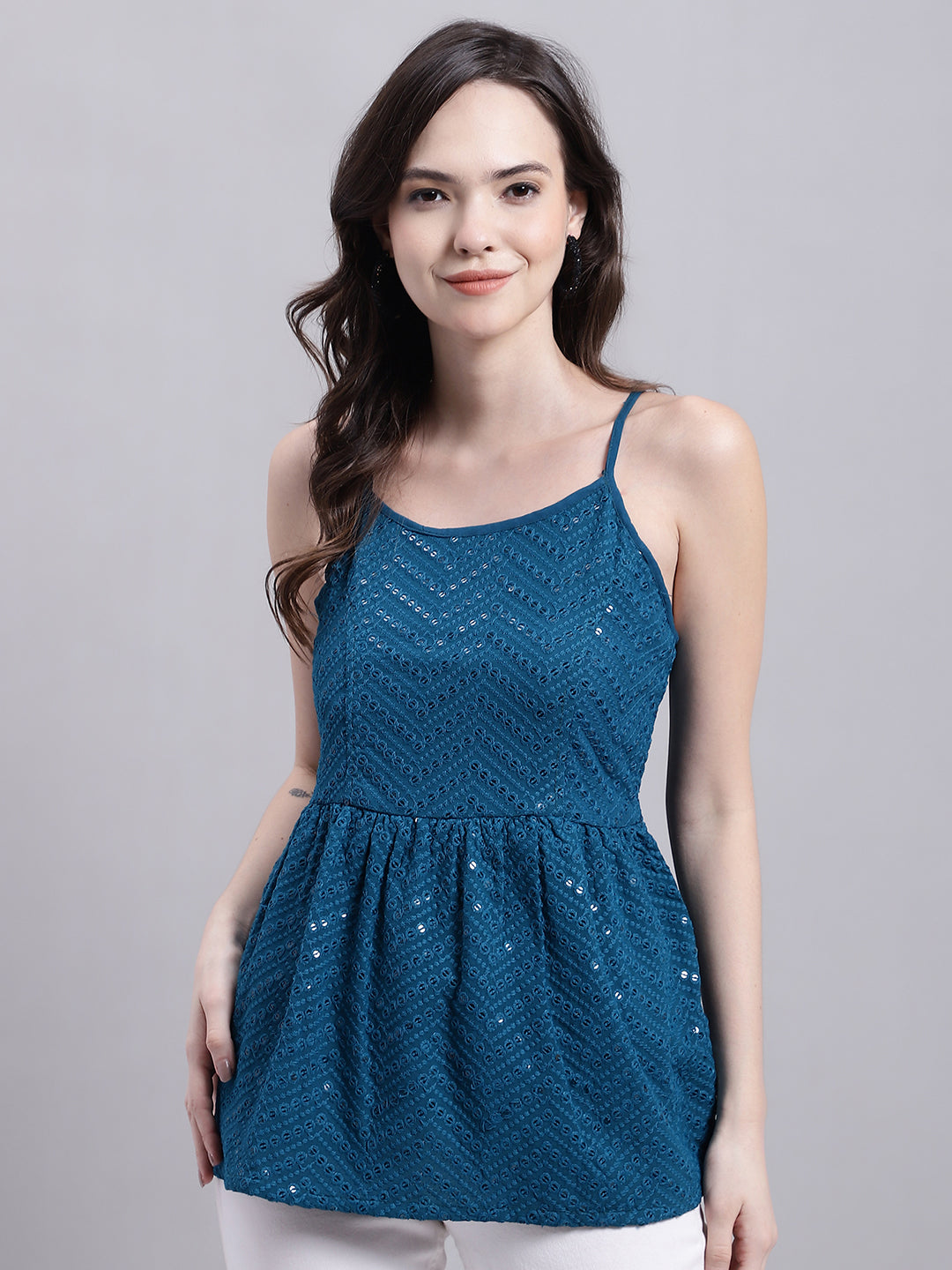 Jainish Women's WoPeacock Blue Chikankari Sequen Work Empire Top | Grocsy