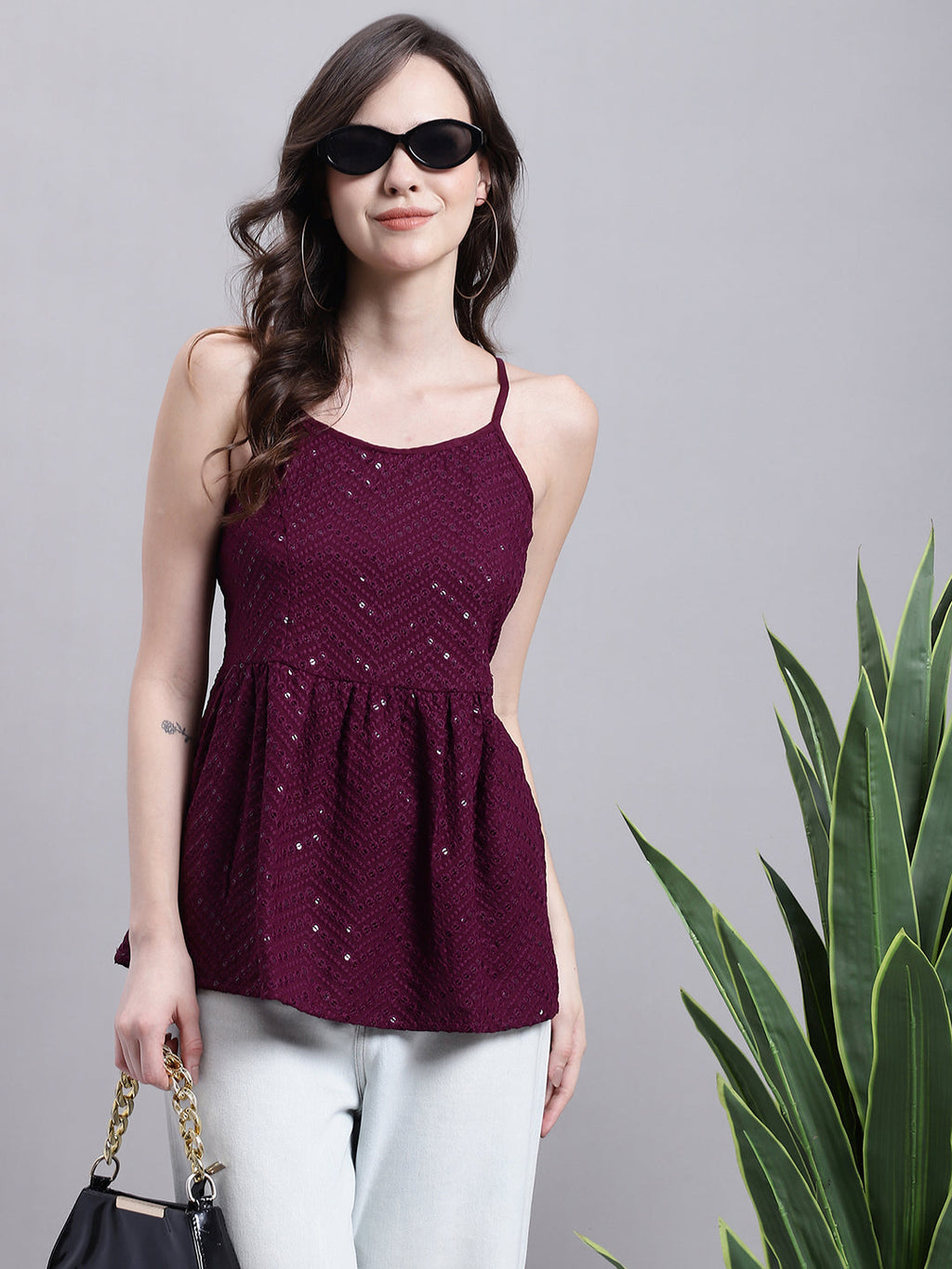 Jainish Women's WoPurple Chikankari Sequen Work Empire Top | Grocsy