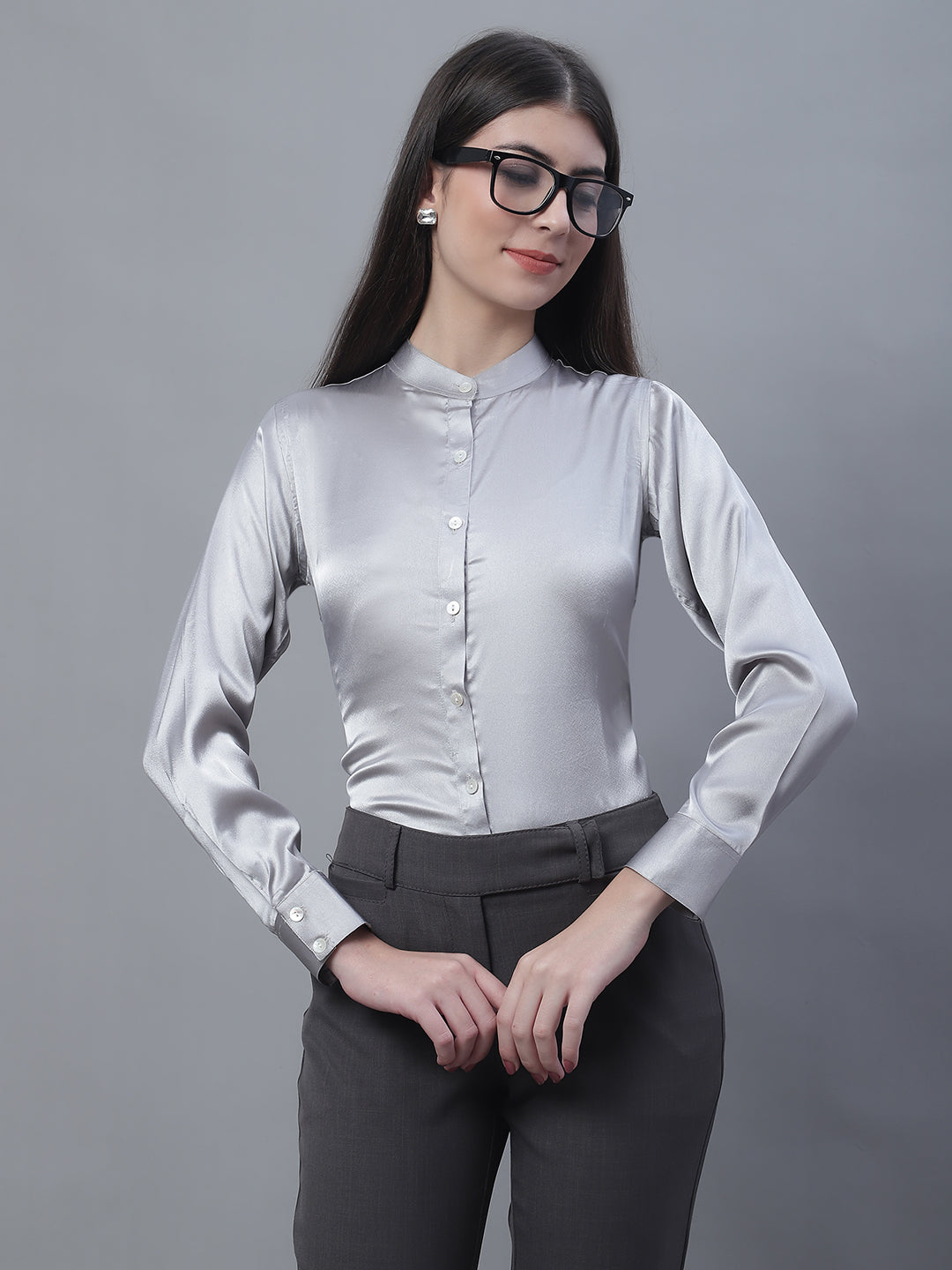 Jainish Women's Grey Solid Shirt Style Top | Grocsy