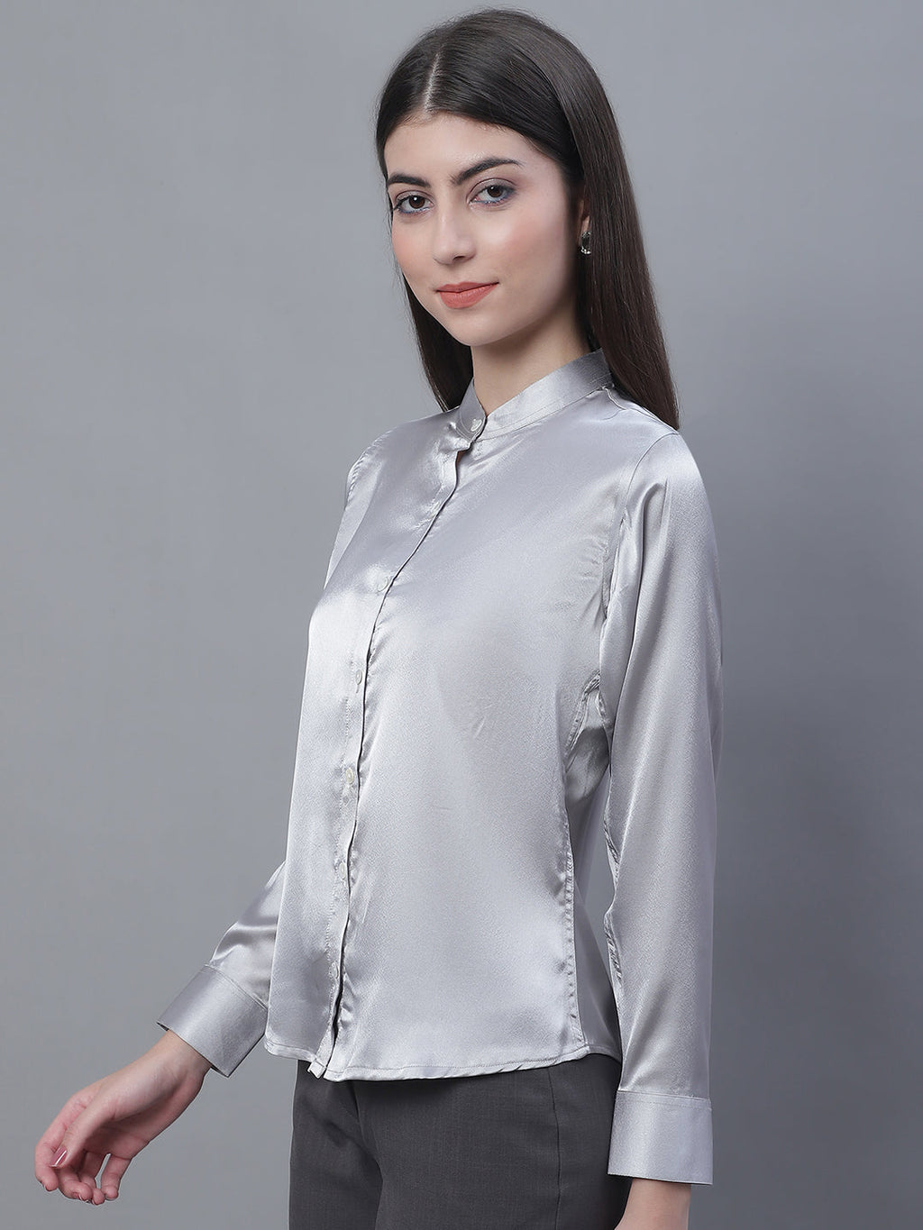 Jainish Women's Grey Solid Shirt Style Top | Grocsy
