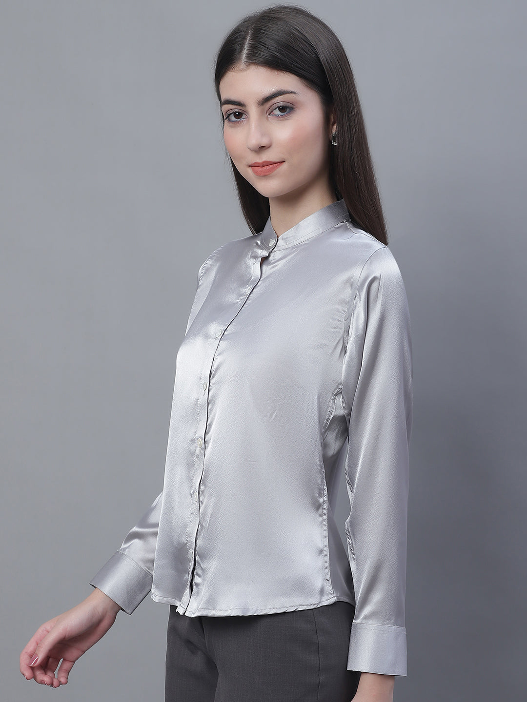 Jainish Women's Grey Solid Shirt Style Top | Grocsy