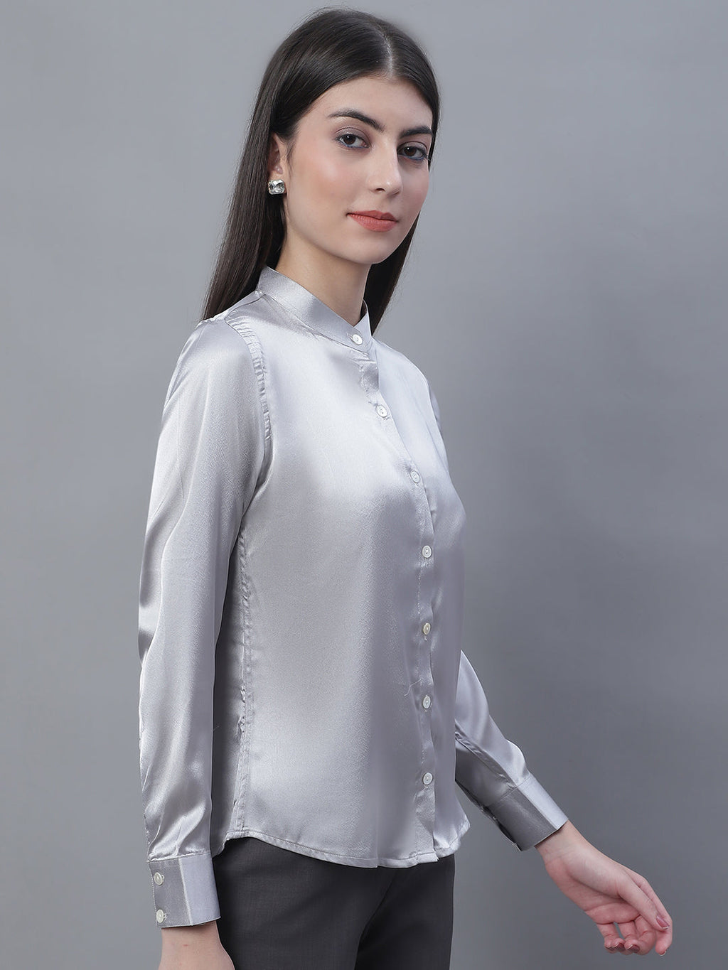 Jainish Women's Grey Solid Shirt Style Top | Grocsy