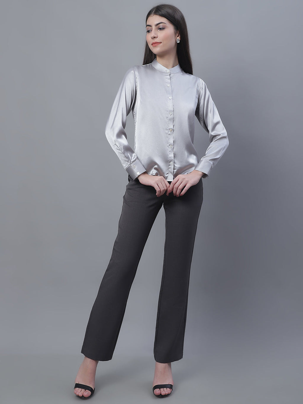 Jainish Women's Grey Solid Shirt Style Top | Grocsy