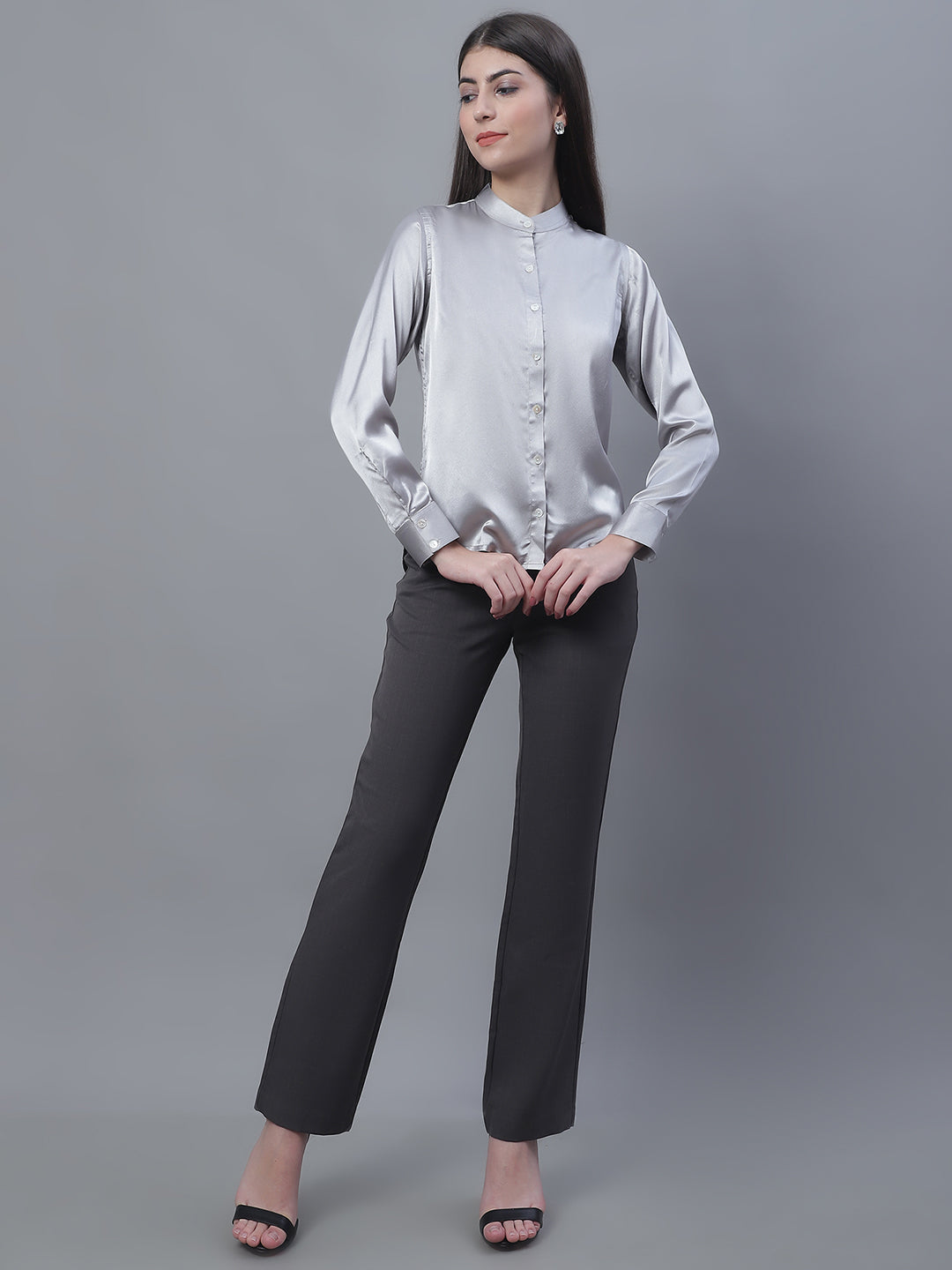 Jainish Women's Grey Solid Shirt Style Top | Grocsy
