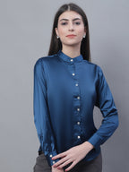 Jainish Women's Blue Solid Shirt Style Top | Grocsy