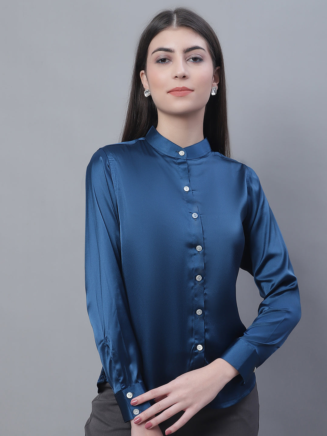 Jainish Women's Blue Solid Shirt Style Top | Grocsy
