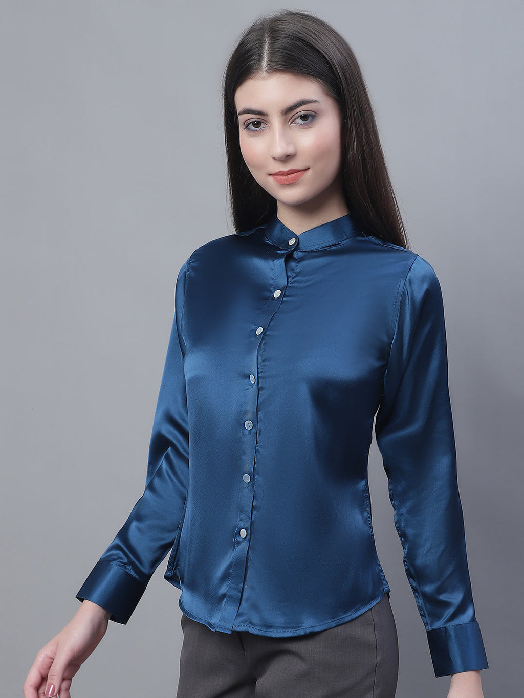 Jainish Women's Blue Solid Shirt Style Top | Grocsy