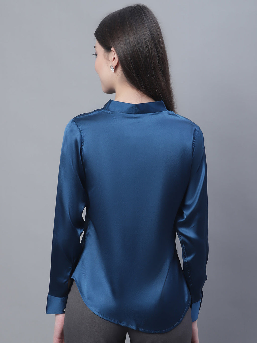 Jainish Women's Blue Solid Shirt Style Top | Grocsy