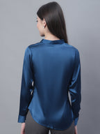 Jainish Women's Blue Solid Shirt Style Top | Grocsy