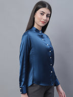Jainish Women's Blue Solid Shirt Style Top | Grocsy