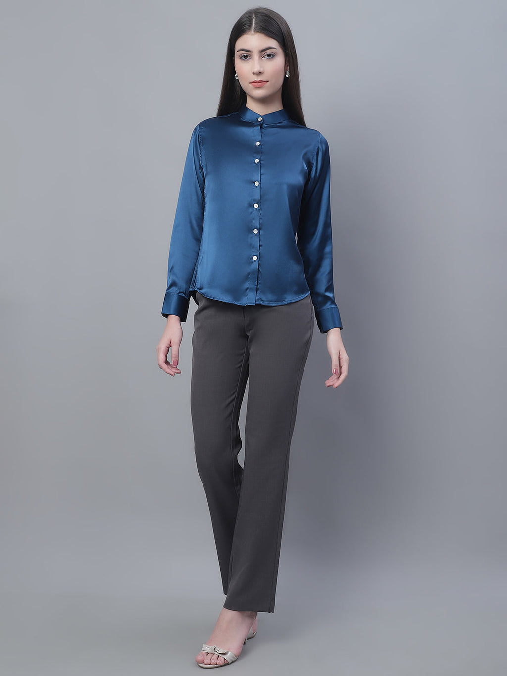Jainish Women's Blue Solid Shirt Style Top | Grocsy