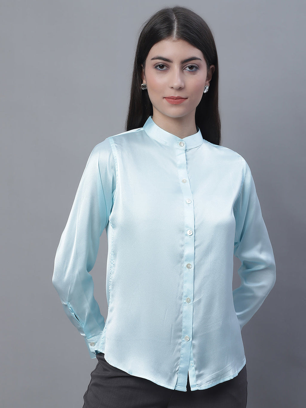 Jainish Women's Sky Blue Solid Shirt Style Top | Grocsy