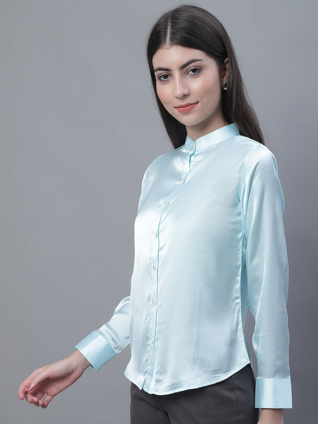 Jainish Women's Sky Blue Solid Shirt Style Top | Grocsy