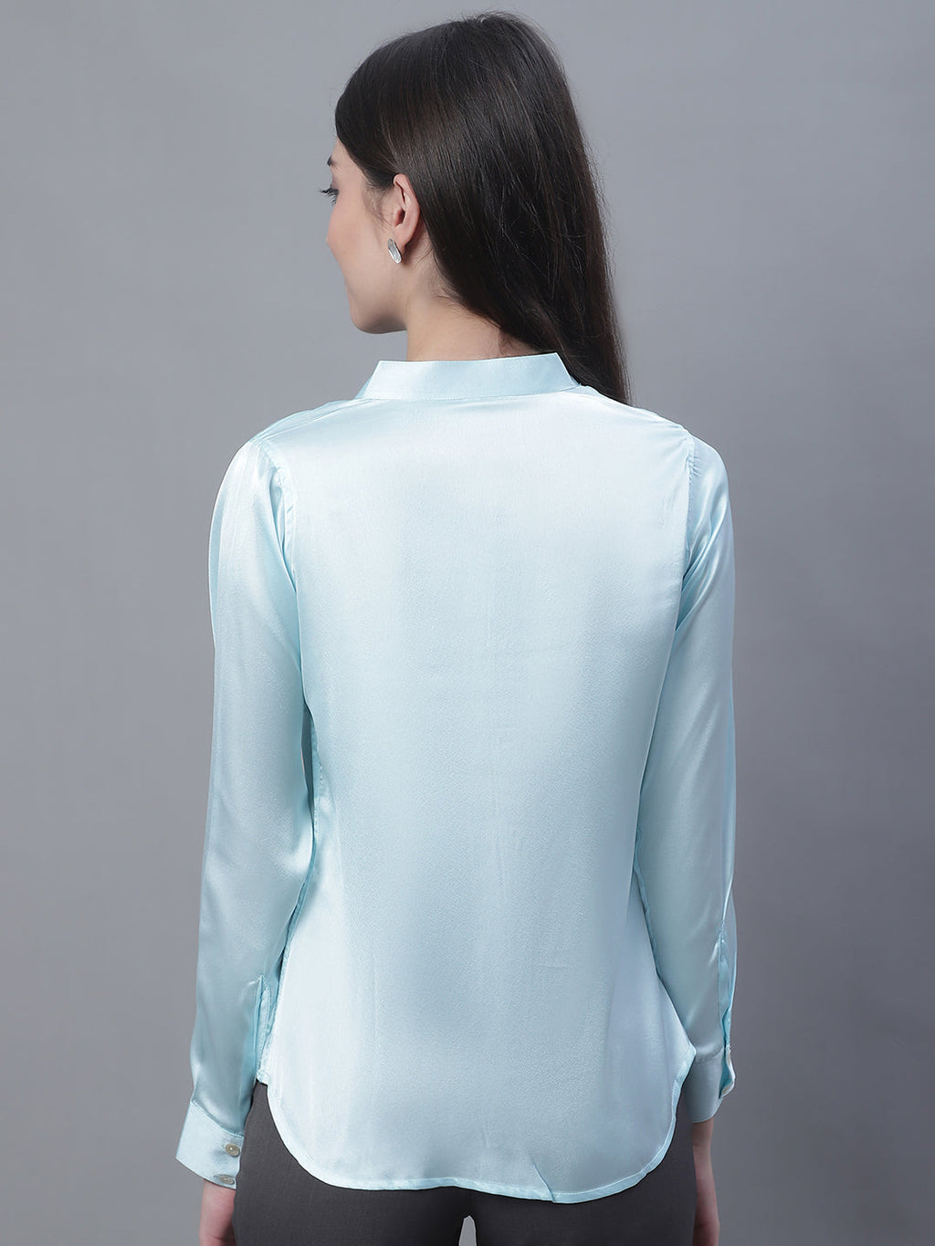Jainish Women's Sky Blue Solid Shirt Style Top | Grocsy