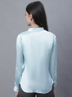 Jainish Women's Sky Blue Solid Shirt Style Top | Grocsy