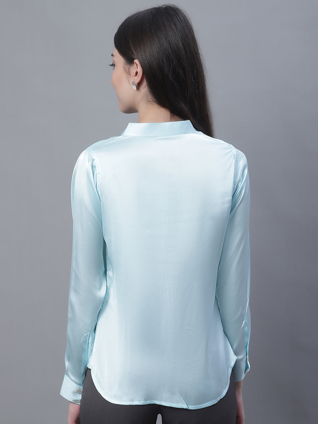 Jainish Women's Sky Blue Solid Shirt Style Top | Grocsy