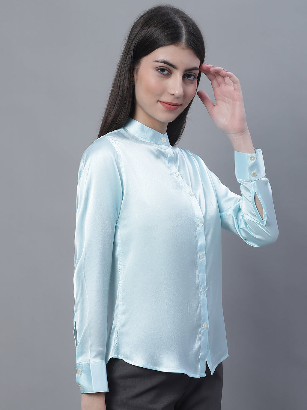 Jainish Women's Sky Blue Solid Shirt Style Top | Grocsy
