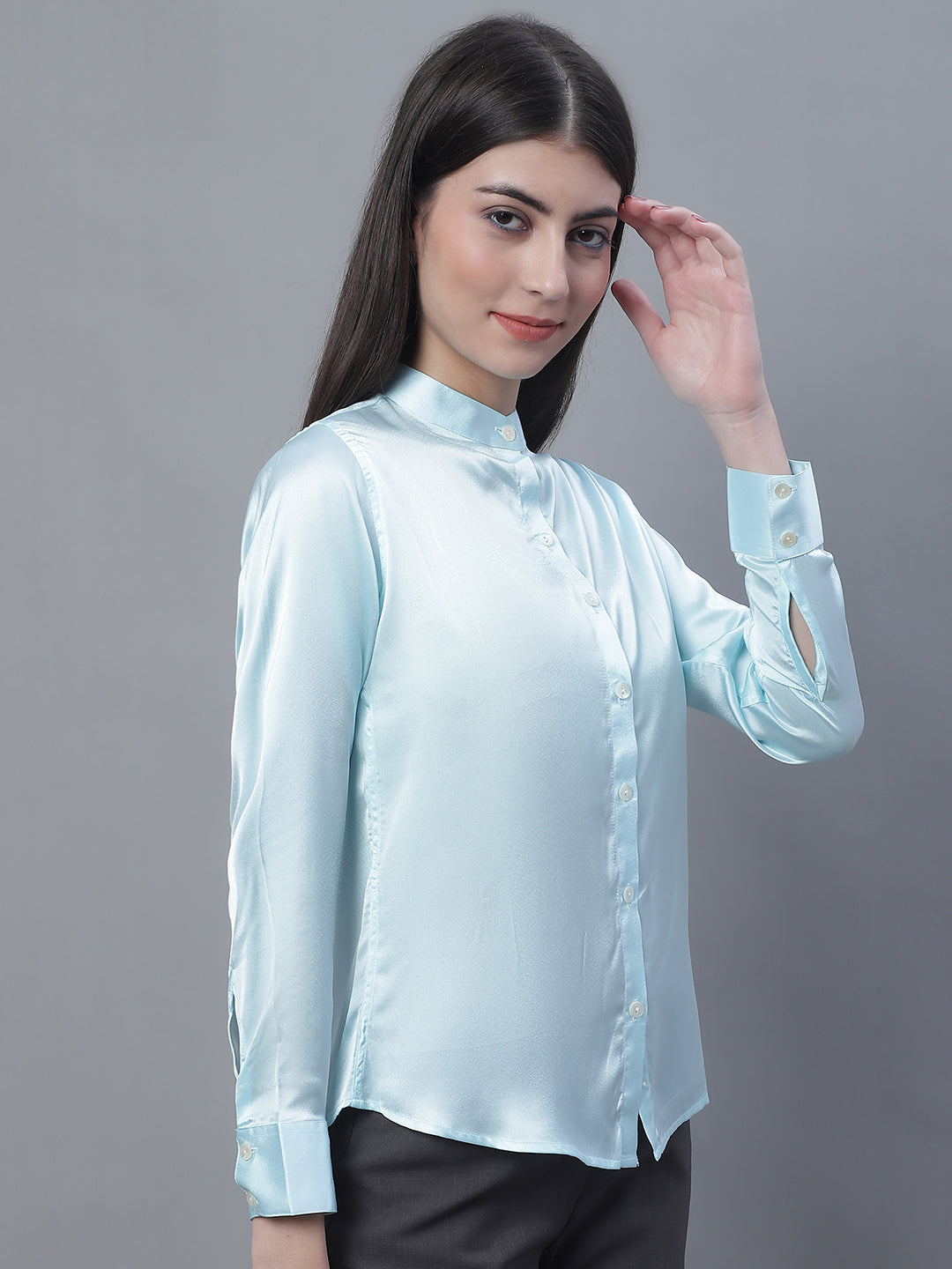 Jainish Women's Sky Blue Solid Shirt Style Top | Grocsy