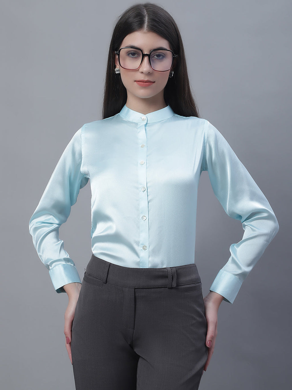 Jainish Women's Sky Blue Solid Shirt Style Top | Grocsy
