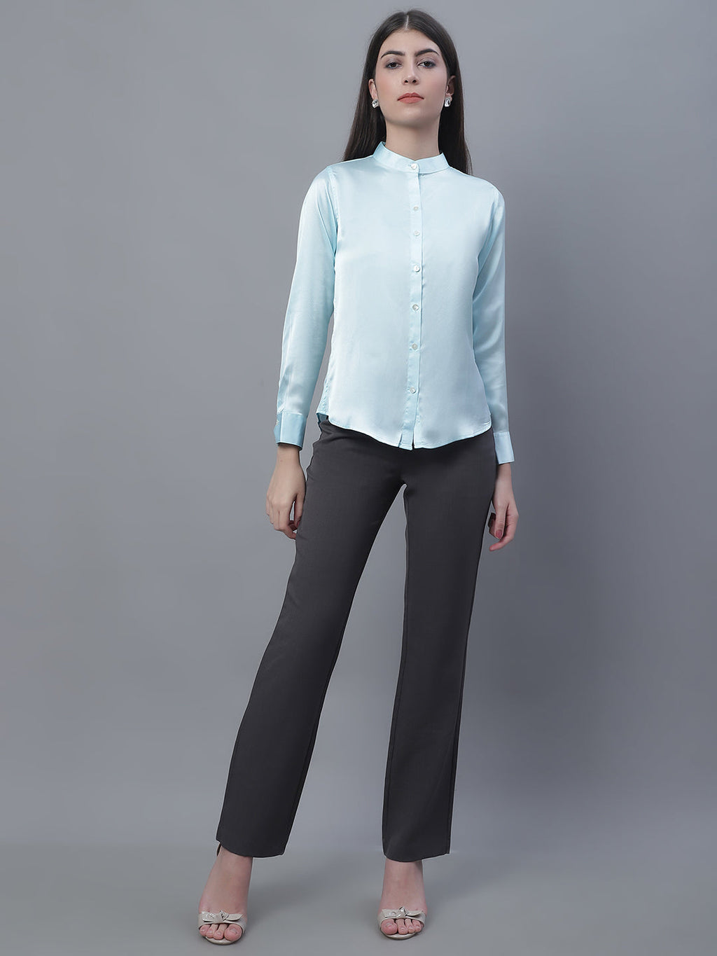 Jainish Women's Sky Blue Solid Shirt Style Top | Grocsy