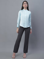 Jainish Women's Sky Blue Solid Shirt Style Top | Grocsy