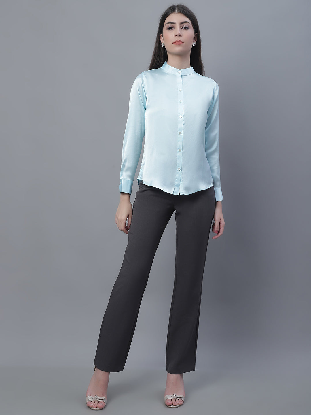 Jainish Women's Sky Blue Solid Shirt Style Top | Grocsy
