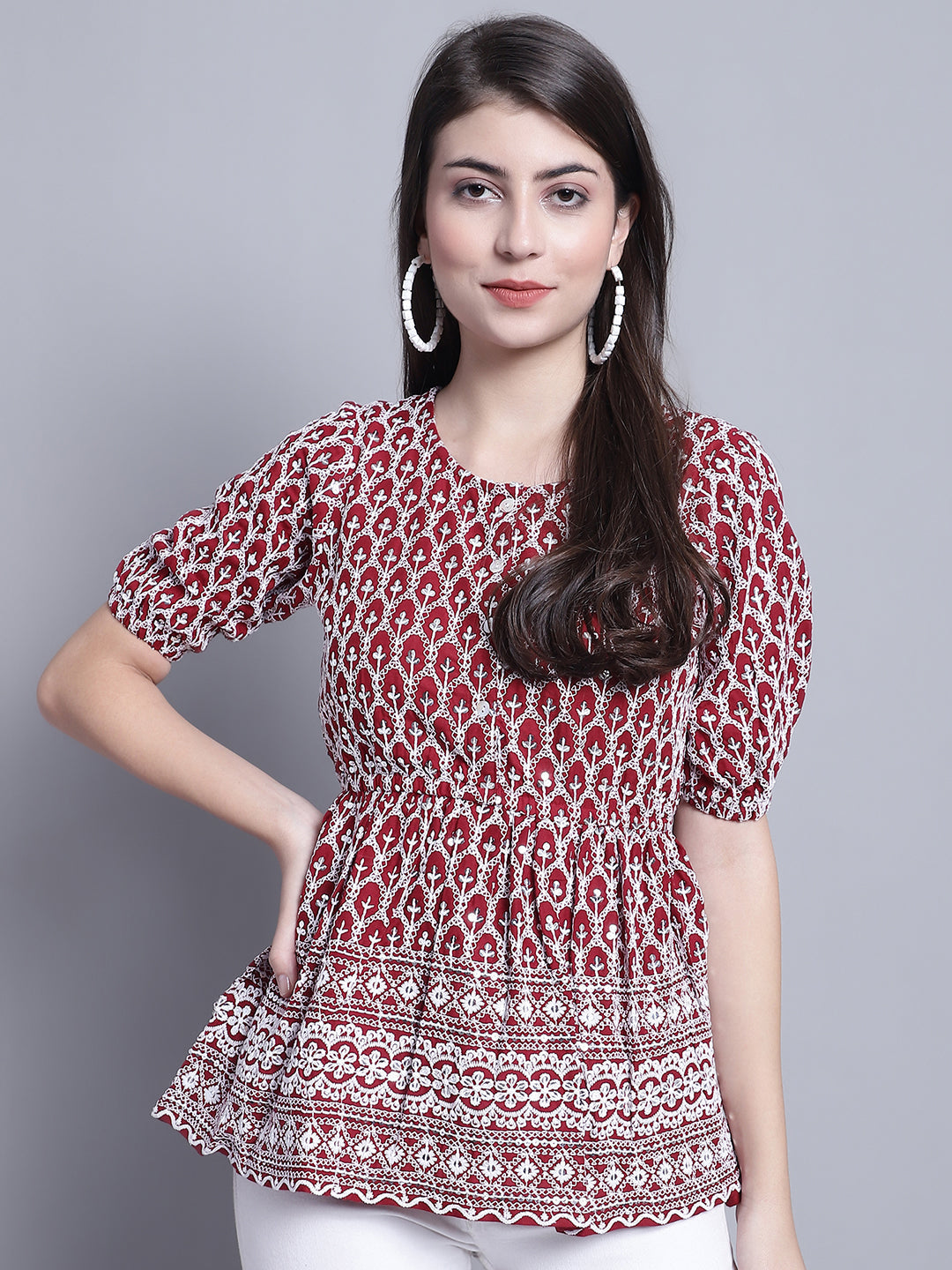 Jainish Women's WoChikankari & Sequins Work Empire Top - Maroon | Grocsy