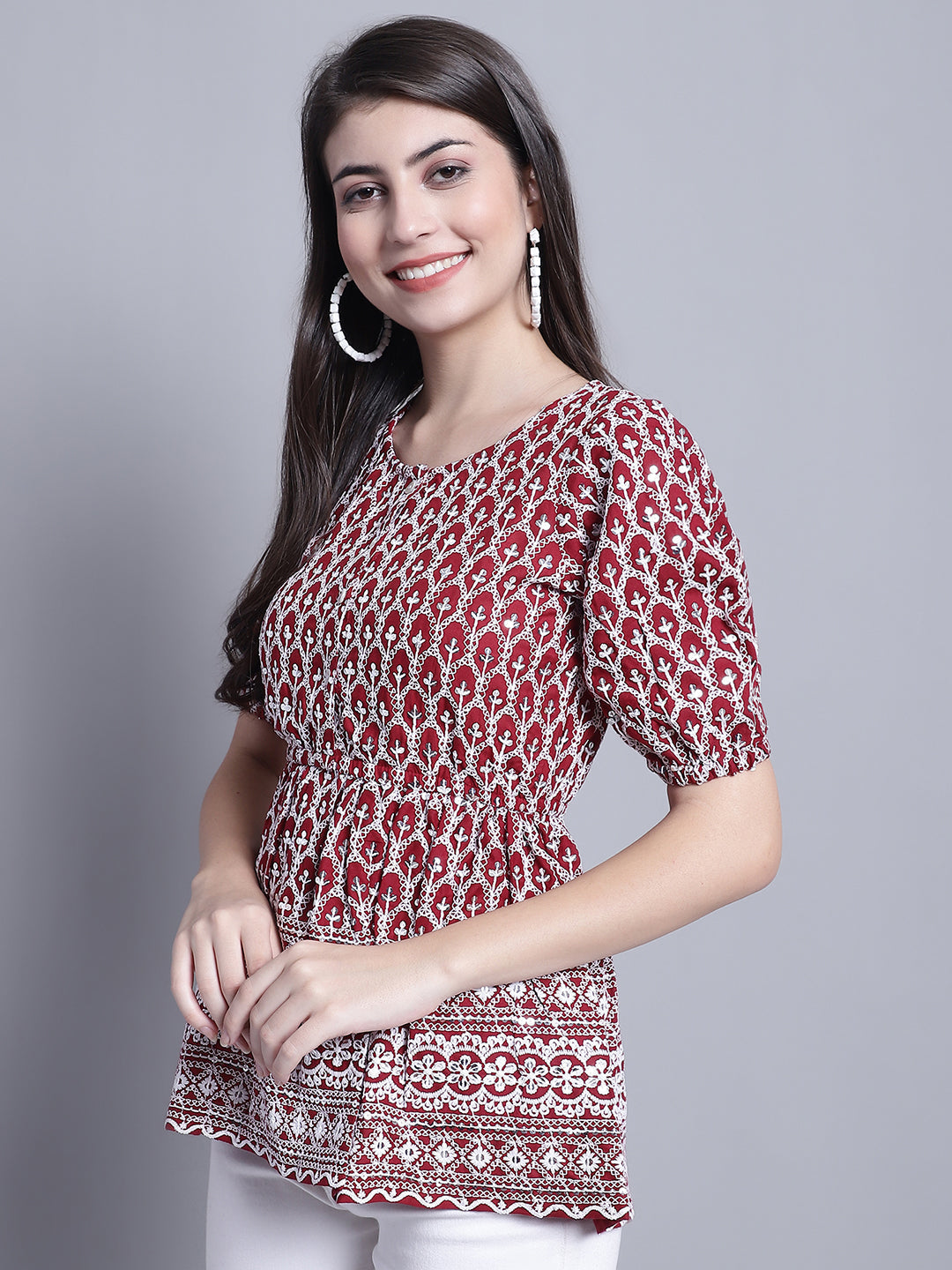 Jainish Women's WoChikankari & Sequins Work Empire Top - Maroon | Grocsy