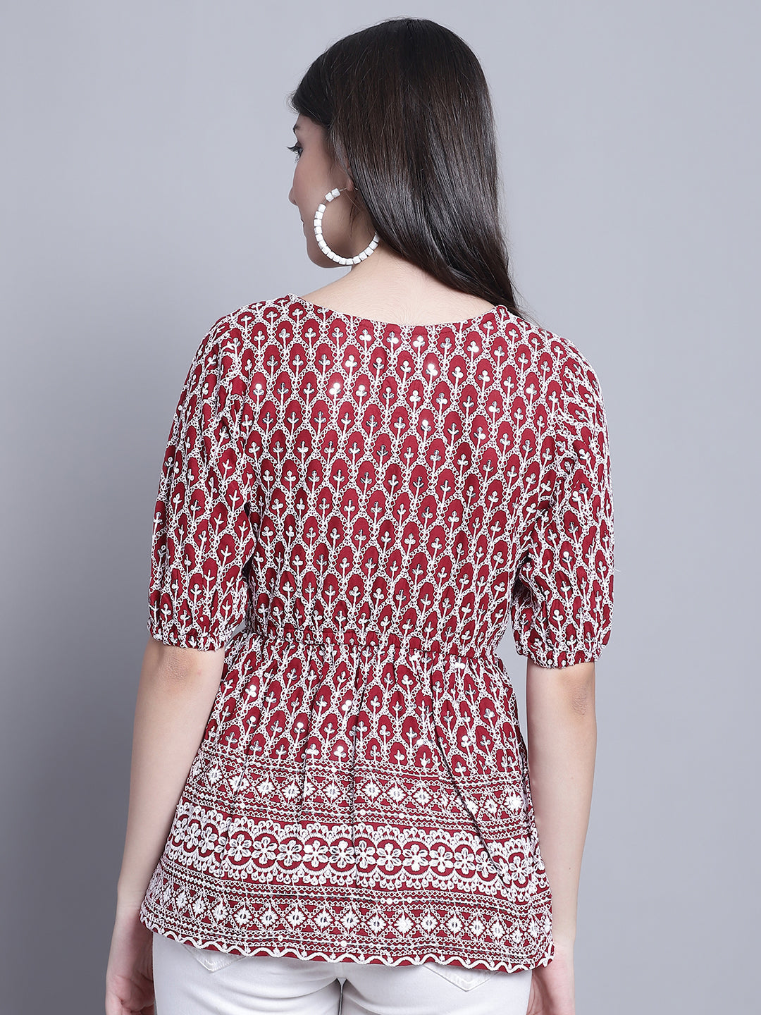 Jainish Women's WoChikankari & Sequins Work Empire Top - Maroon | Grocsy