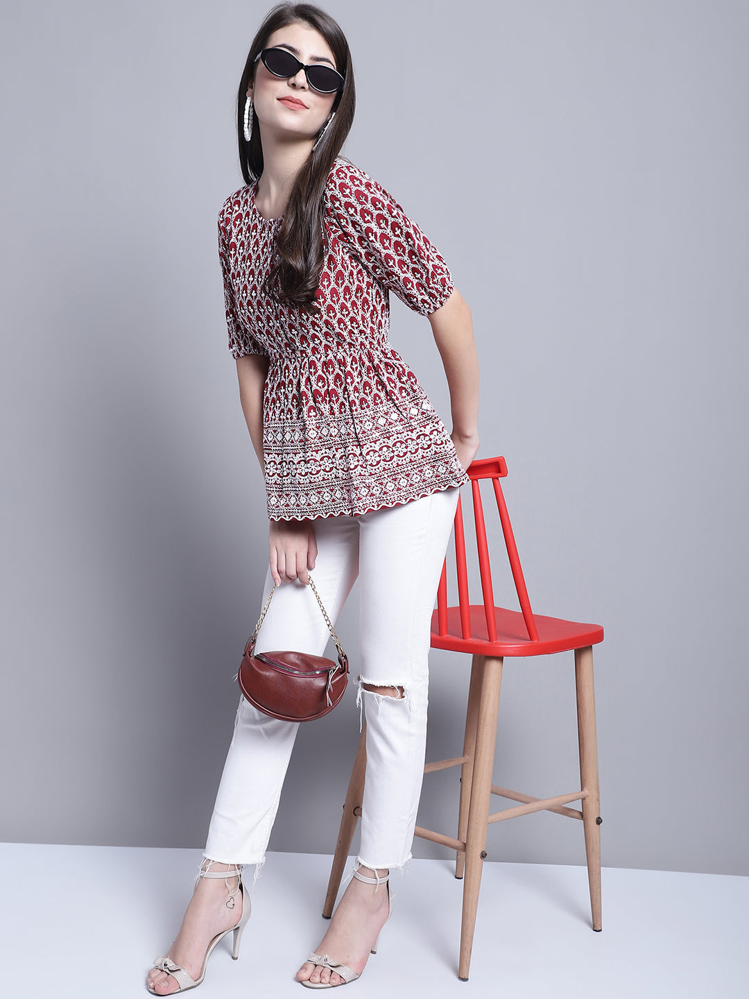Jainish Women's WoChikankari & Sequins Work Empire Top - Maroon | Grocsy