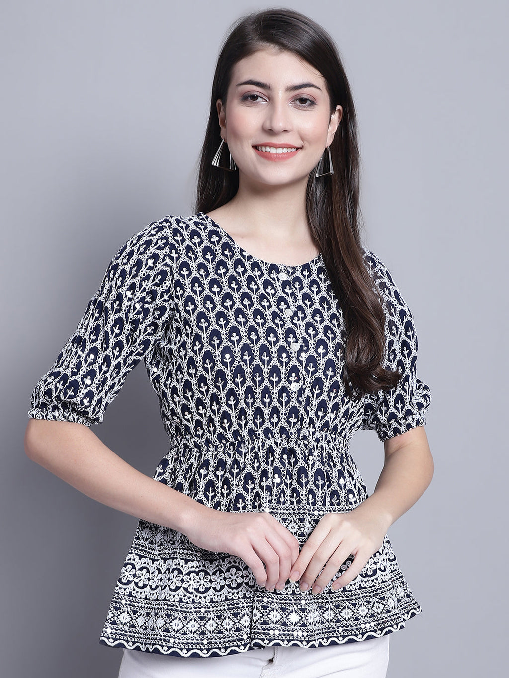 Jainish Women's WoChikankari & Sequins Work Empire Top - Navy Blue | Grocsy