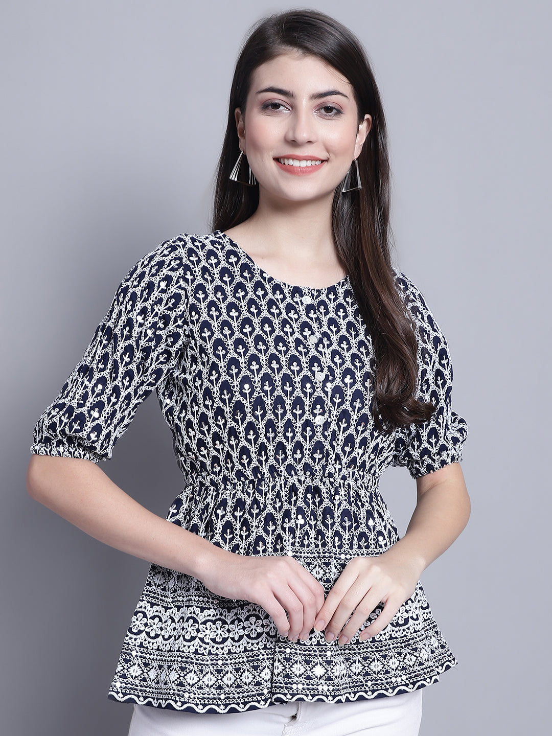 Jainish Women's WoChikankari & Sequins Work Empire Top - Navy Blue | Grocsy