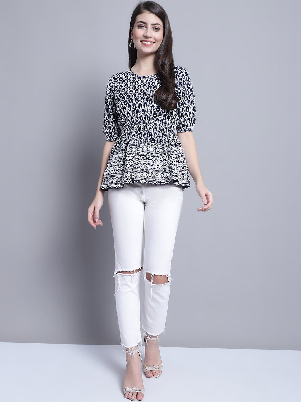 Jainish Women's WoChikankari & Sequins Work Empire Top - Navy Blue | Grocsy