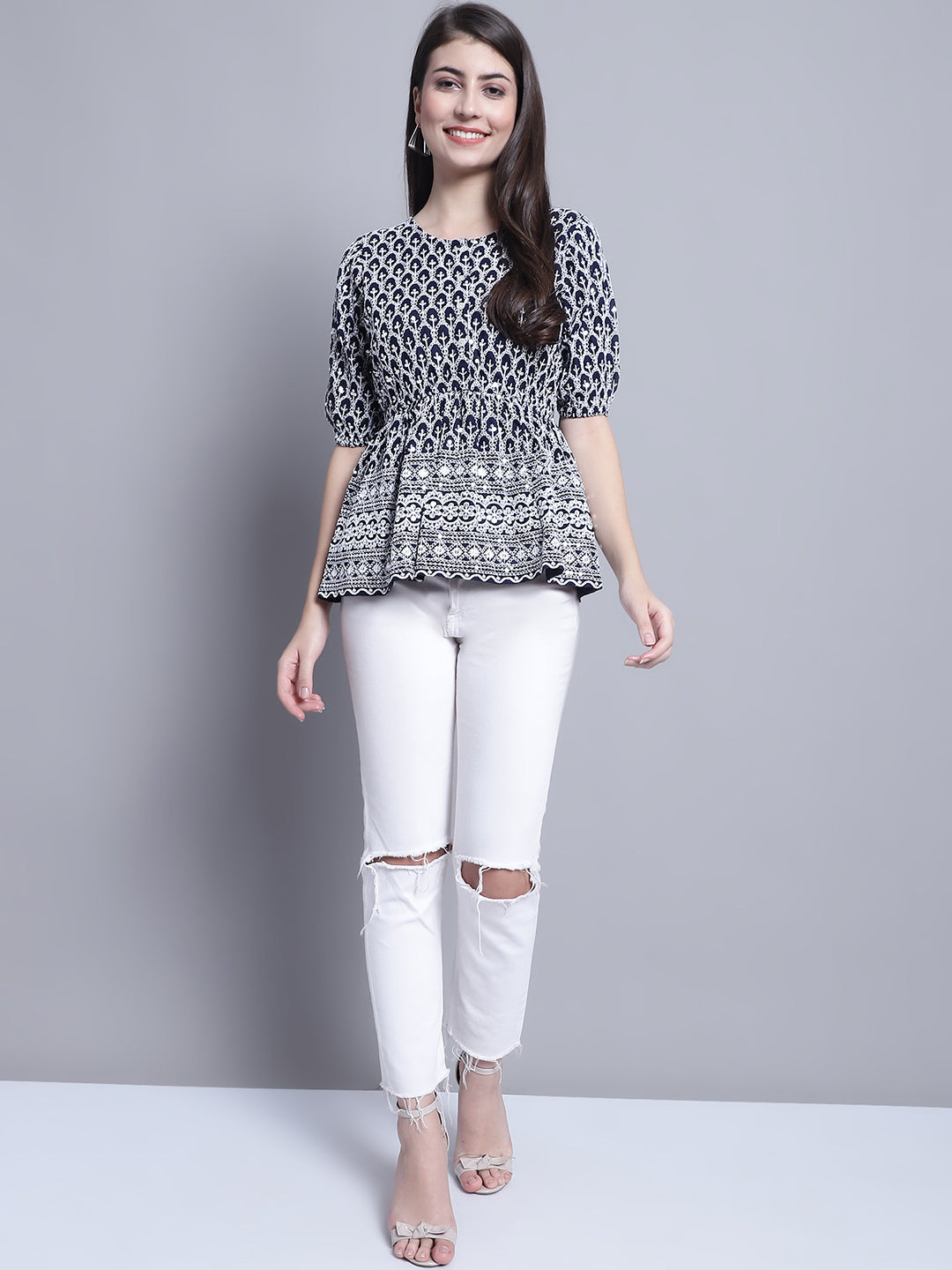Jainish Women's WoChikankari & Sequins Work Empire Top - Navy Blue | Grocsy