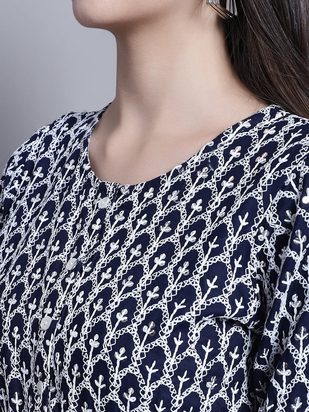 Jainish Women's WoChikankari & Sequins Work Empire Top - Navy Blue | Grocsy