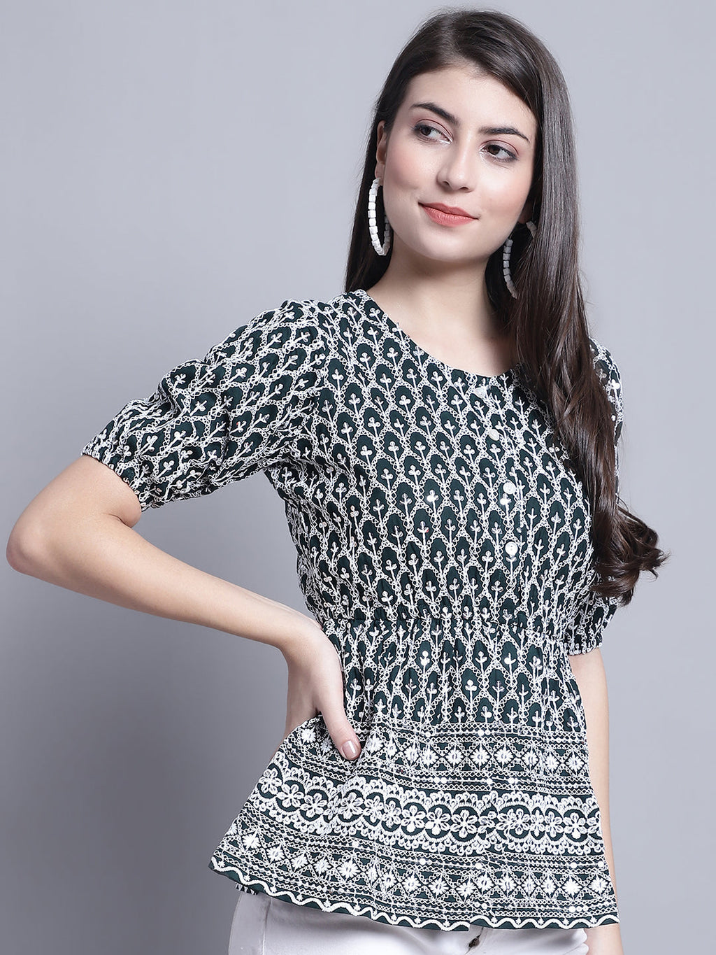 Jainish Women's WoChikankari & Sequins Work Empire Top - Olive | Grocsy