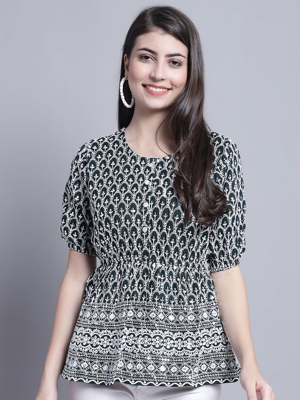 Jainish Women's WoChikankari & Sequins Work Empire Top - Olive | Grocsy