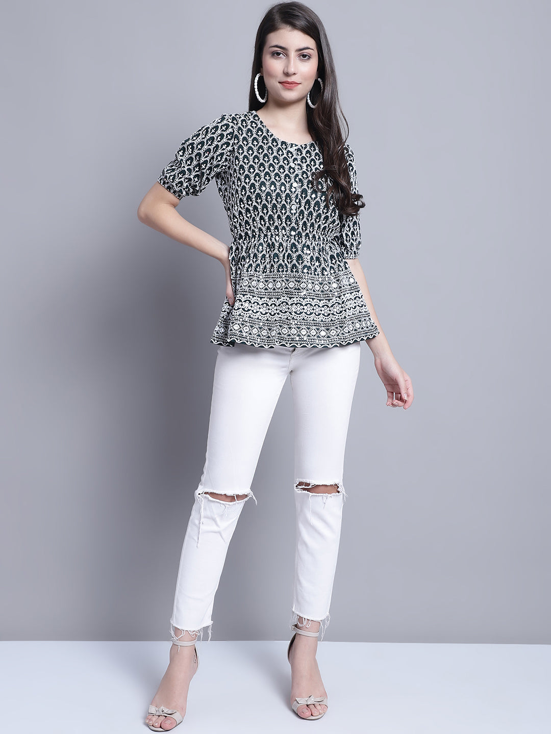 Jainish Women's WoChikankari & Sequins Work Empire Top - Olive | Grocsy
