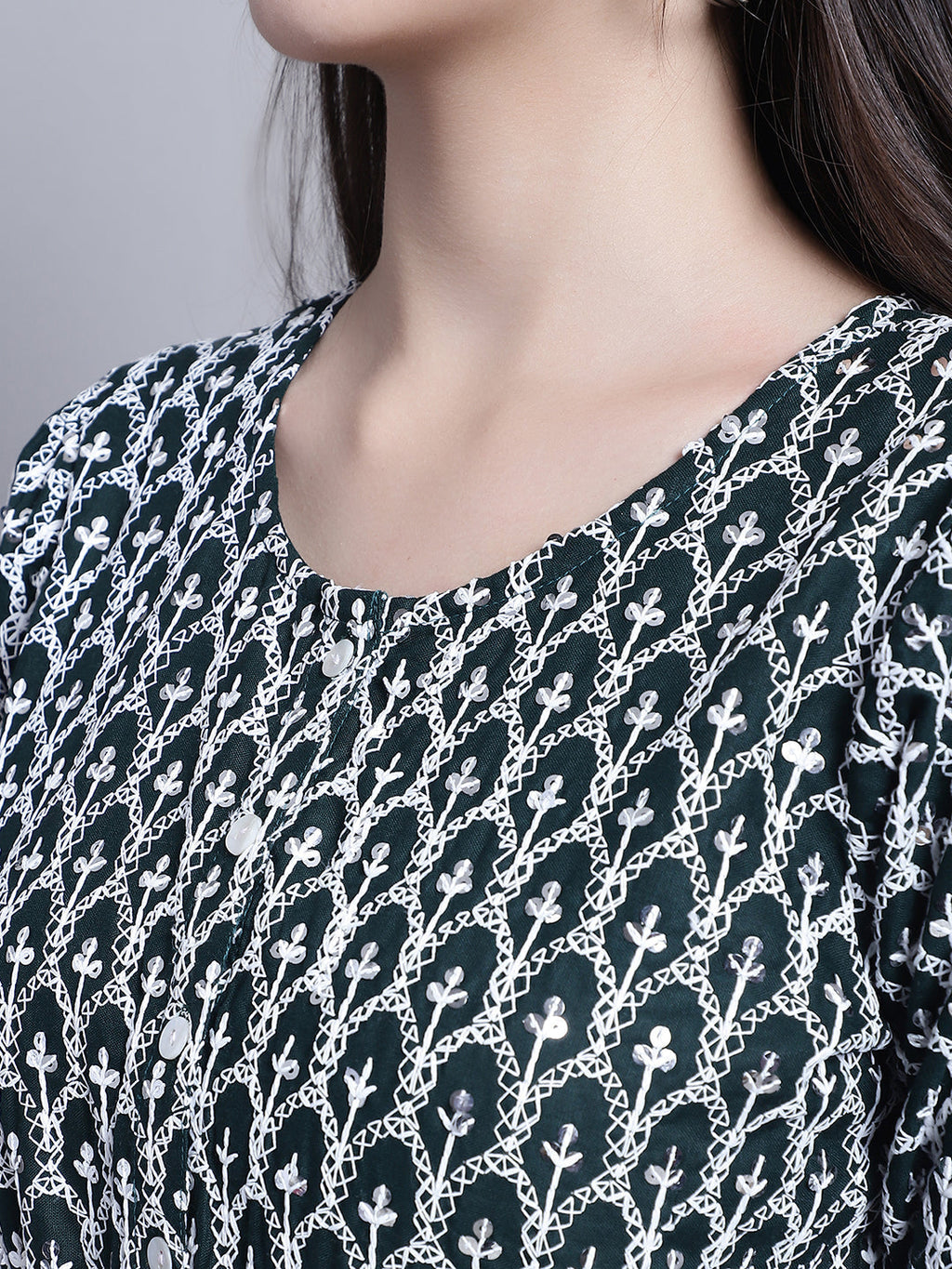 Jainish Women's WoChikankari & Sequins Work Empire Top - Olive | Grocsy