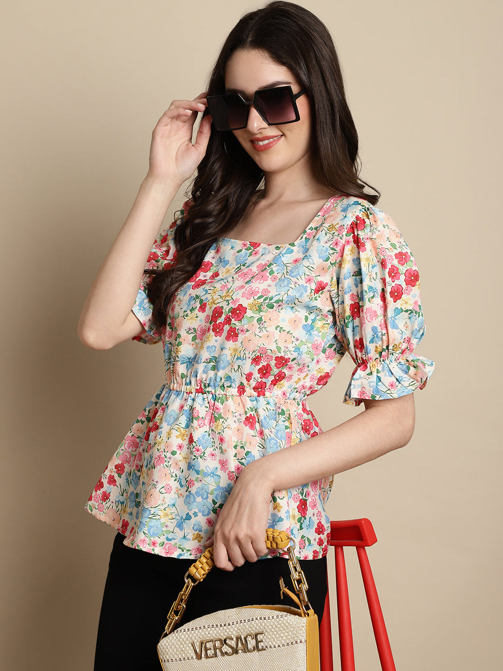 Jainish Women's Floral Print Puff Sleeves Top - Multi | Grocsy