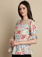 Jainish Women's Floral Print Puff Sleeves Top - Multi | Grocsy