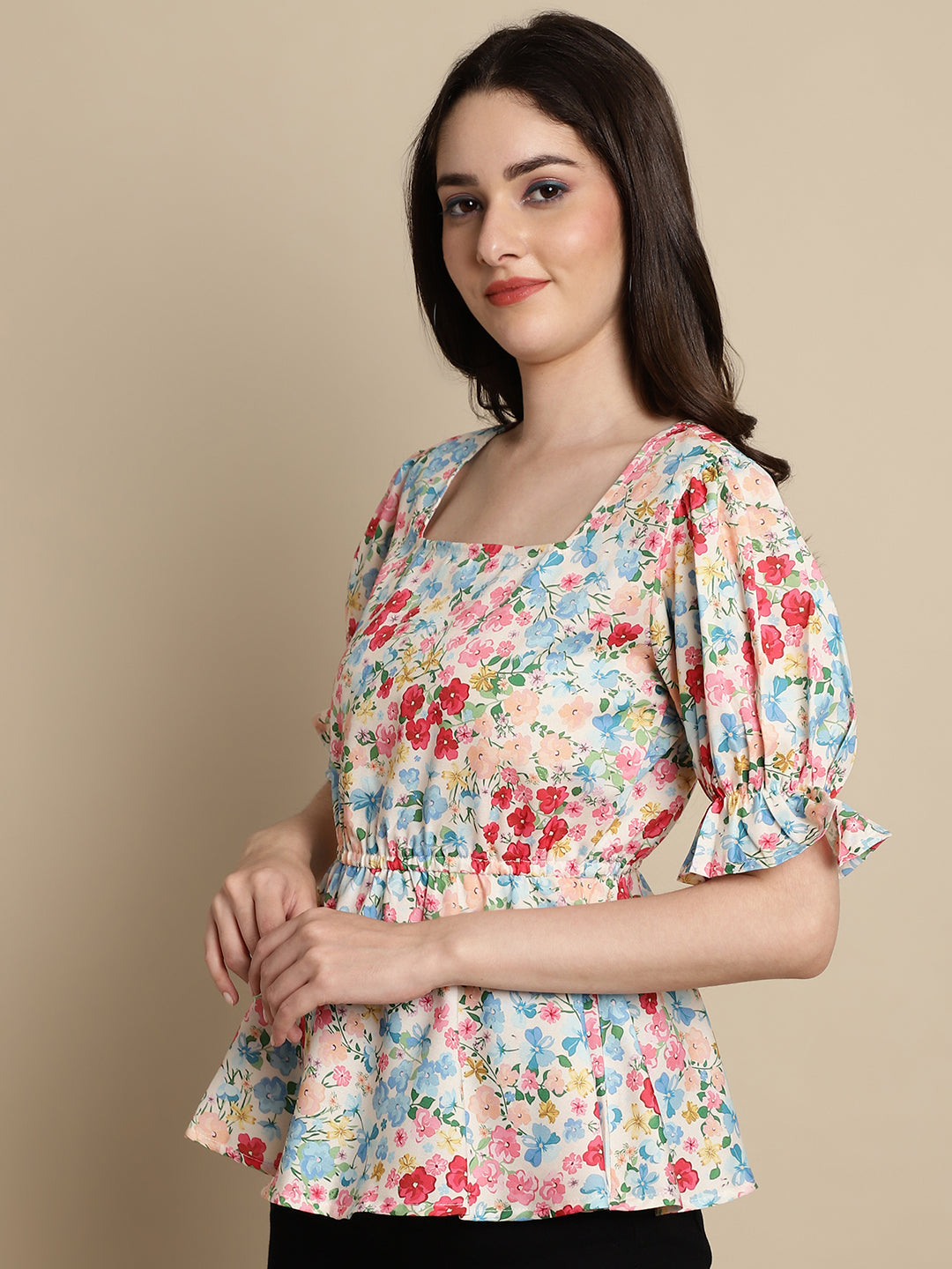 Jainish Women's Floral Print Puff Sleeves Top - Multi | Grocsy