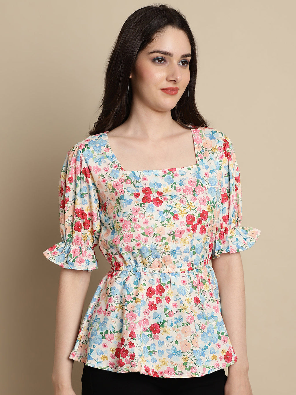 Jainish Women's Floral Print Puff Sleeves Top - Multi | Grocsy