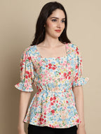 Jainish Women's Floral Print Puff Sleeves Top - Multi | Grocsy