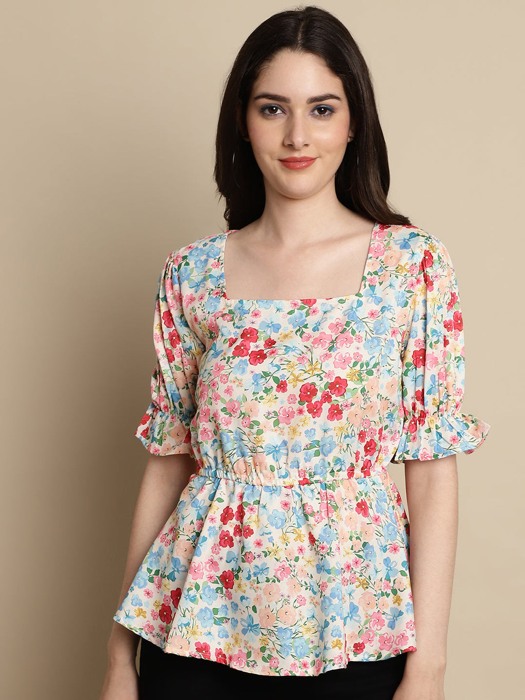 Jainish Women's Floral Print Puff Sleeves Top - Multi | Grocsy