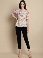 Jainish Women's Floral Print Puff Sleeves Top - Multi | Grocsy